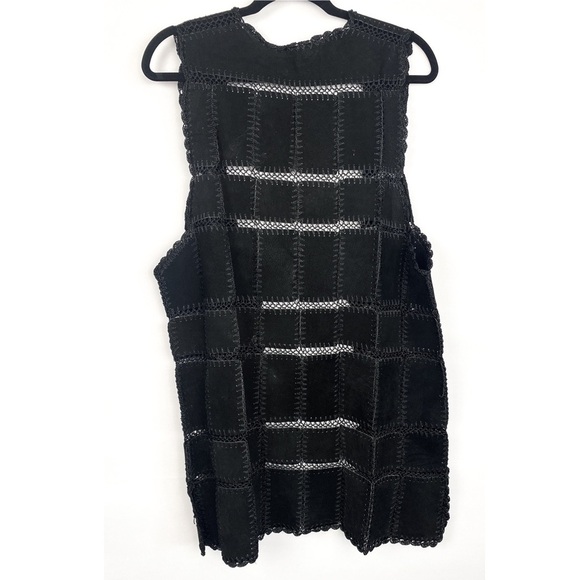Vintage Crochet Suede‎ Leather Vest Black Embroidered Patchwork Western Boho - Picture 3 of 6